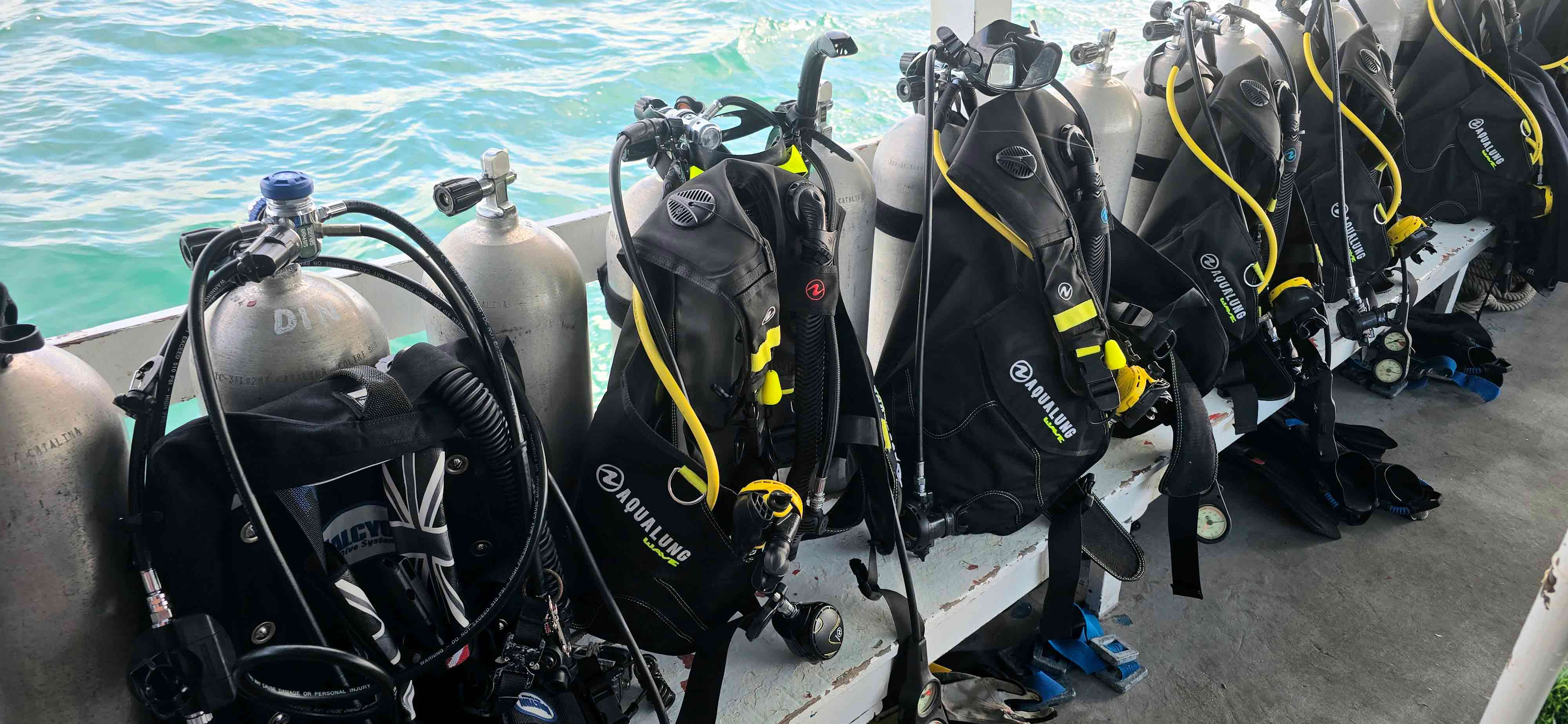 Scuba diving gear prepared on dive boat in Pattaya